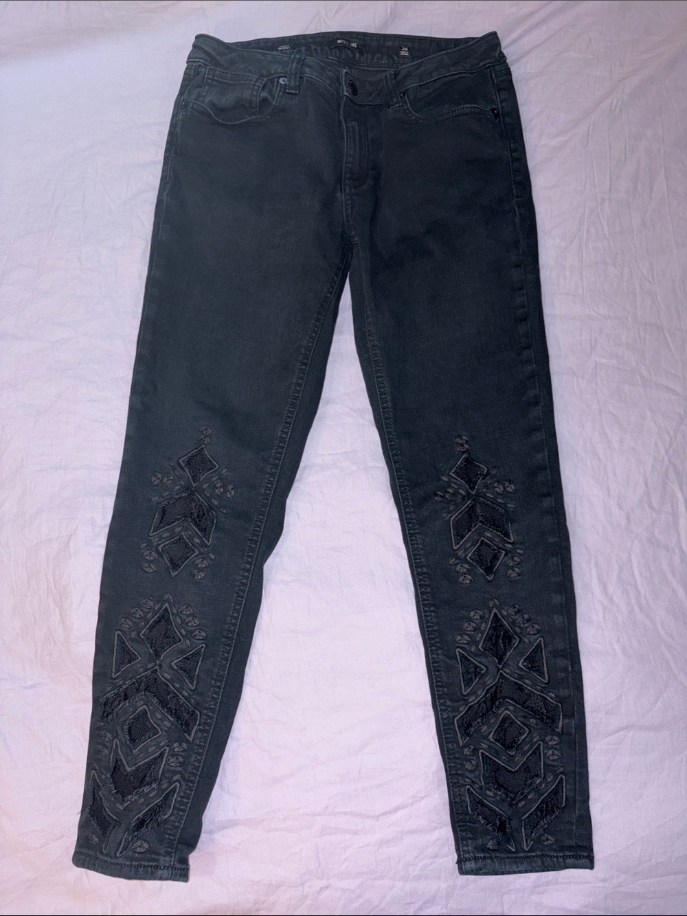 Miss Me Black Ankle Skinny Jeans with Mesh Embroidered Leg Designs
